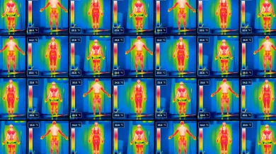 Thermal images of three individuals displaying temperature variations, with temperatures of 35.8°C, 34.2°C, and 33.8°C.