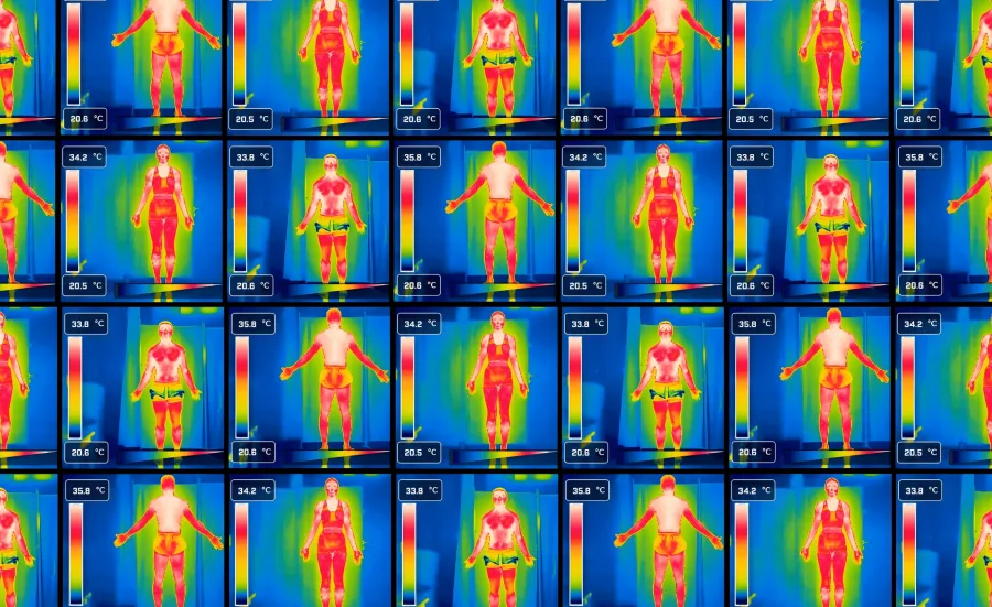 Thermal images of three individuals displaying temperature variations, with temperatures of 35.8°C, 34.2°C, and 33.8°C.