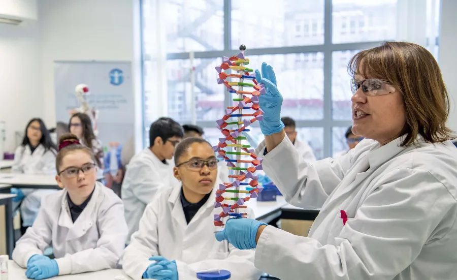 Teacher demonstrating a DNA model to students in a science lab during a summer school session.
