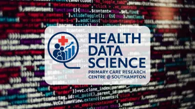 the Health datat science logo over a computer screen with code