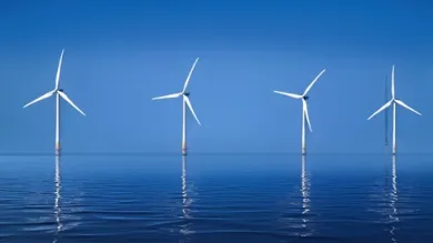 A nice calm, ocean scape with several wind farms