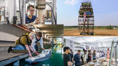 Collage of civil engineering activities: top left, a person in safety glasses uses a lab compression machine to test a cylindrical sample; top right, a large group in high-visibility vests stand on a tall wooden structure outdoors with a “University of Southampton” banner; bottom left, two people kneel beside a testing tank guiding a model boat in water; bottom right, a group in an exhibition space view and discuss engineering models and displays.
