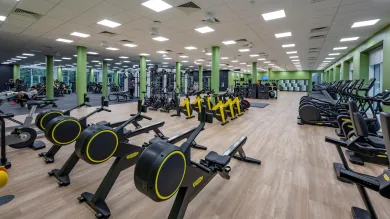 The spacious Jubilee Sport and Recreation Centre university gym with cardio machines, rowing machines, spin bikes, weight equipment and lockers.