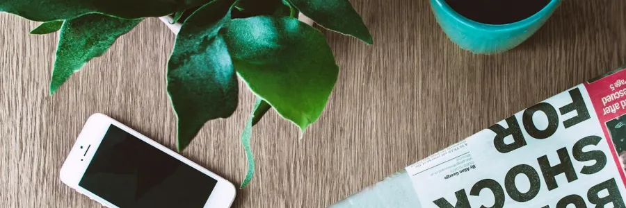 table with a mobile phone, plant, beverage in a mug and a newspaper