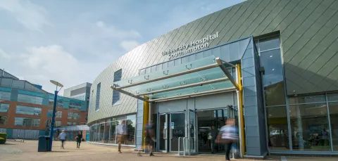 People coming and going outside the entrance of Southampton General Hospital.