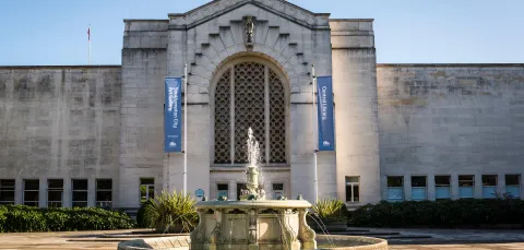 Outside of the City Art Gallery with fountain in front.