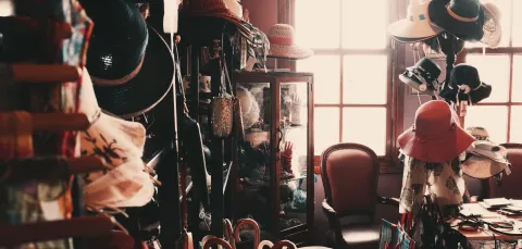Clothes, hats and scarves on display inside a vintage clothes shop. 