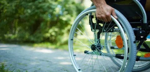 Close up of wheel on wheelchair on a sunny outdoor path. 