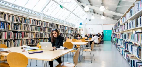 Students studying at desks in the Winchester School of Art library.