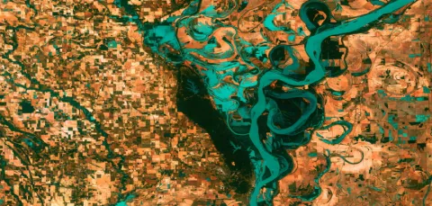 A satellite image of a river delta.