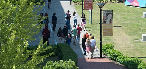 Students walking through Highfield campus