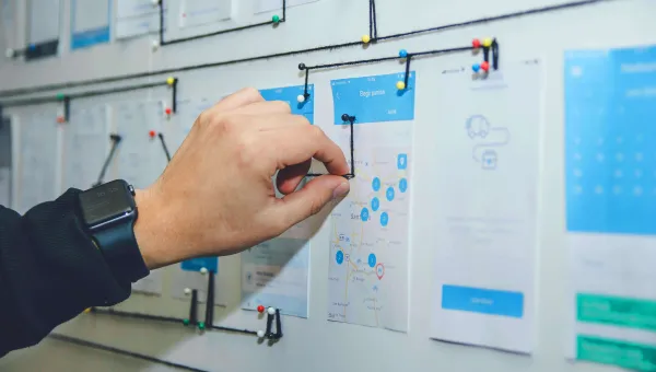 Someone engaged in planning a project on a whiteboard.