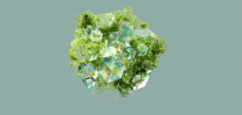 computer generated image of green plants growing out of cube structure