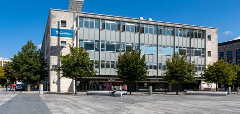 External view from Guildhall Square Southampton of the Sir James Matthews building, a teaching and study building which is part of our City Centre Campus.