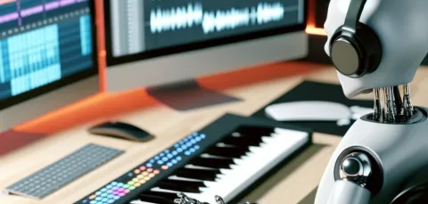 An AI-generated image of a humanoid robot sitting at a desk in a music studio. It is playing notes on a musical keyboard, as recording software displays the soundwaves being recorded on 2 computer monitors.