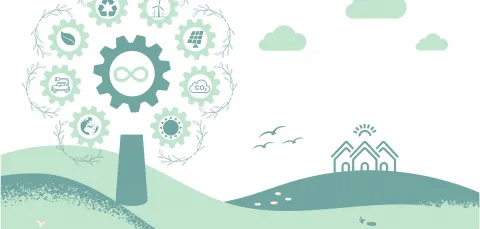 An illustration of green hills and a tree. The tree is surrounded by cogs and in each cog is a symbol such as the earth, a leaf and a recylcing sign.