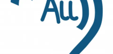 All Ears logo. Ear-shaped dark blue lines surrounding the word "All".