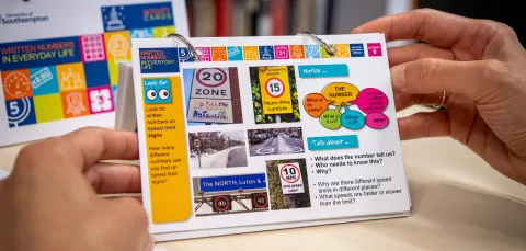 Colourful cards with pictures of road sign speed limit numbers