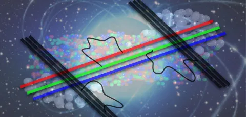 String-theoretic techniques (in the foreground) can be employed to understand the strong nuclear force and related data from neutron stars and collider experiments (in the background).