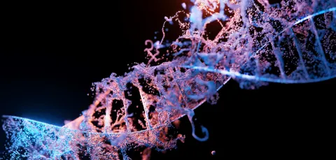 3D rendering of a DNA double helix with blue and pink particles on a dark background.