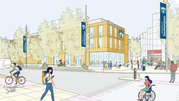 An architects mockup of the proposed new STEM building on highfield campus. A multistory building in yellow facade with wide accessible pathways, communal areas and it's own cafe, lined by trees 