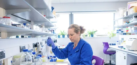 Dr Jemma Longley is wearing a blue lab coat working with a pipette in a bright laboratory.