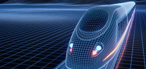 A wireframe electric train travels along digital tracks, representing modern and affordable rail transport.