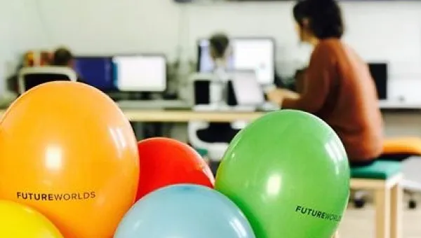 Coloured balloons with Future Worlds logo