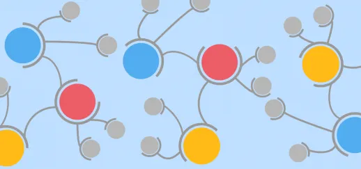 BRAIN UK background image with blue, yellow and red circles in various sizes connected to each other, representing the network of participating centres and researchers