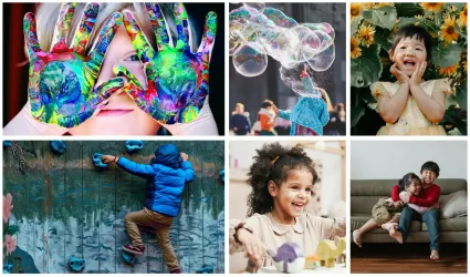 A collage of children enjoying various playful activities with paint, bubbles, sunflowers, climbing, toys, and hugs.