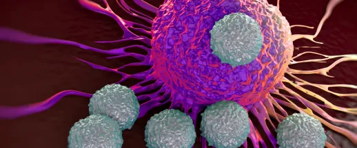 3D illustration of a cancer cell with smaller round cells surrounding it.