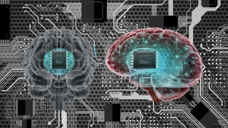 Two human brains with microchips imposed on a circuit board background.