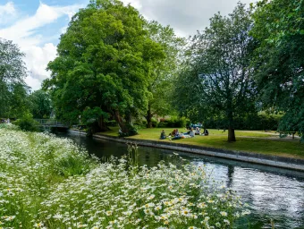 Students sitting by River Itchen in Winchester on a sunny day.