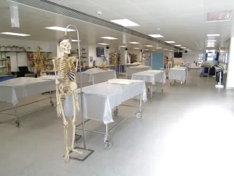 View of tables and equipment inside the Centre for Learning Anatomical Sciences.