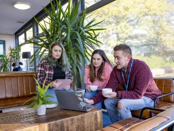 3 students from the Accessibility Allies team sitting in the café at Highfield Campus, gathered around a laptop in discussion.