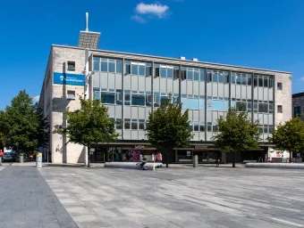 External view from Guildhall Square Southampton of the Sir James Matthews building, a teaching and study building which is part of our City Centre Campus.