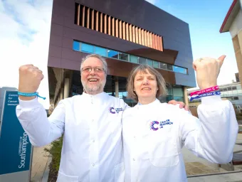 Profs Raimund Ober and Sally Ward outside the new CCI building.