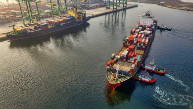 Cargo ships on water in docks