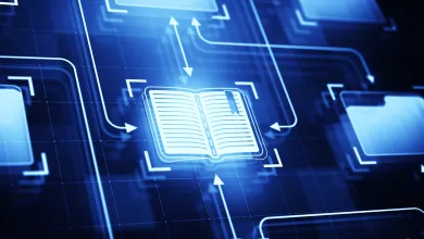 A digital illustration of an open book icon with arrows and folders on a blue grid background.