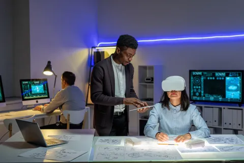 Office setting with a woman in a VR headset at a desk with sketches, accompanied by a man holding a tablet.