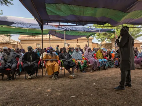 Director of Karaga Health Directorate, Mohammed Abdulai, speaking at a ‘Durbar’ (community engagement workshop) in Pishigu, Karaga, Northern Region