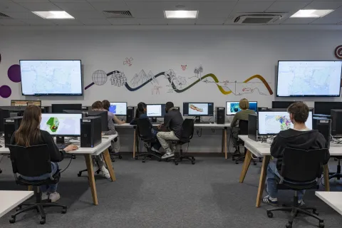 Students working at computers in the Southampton Geospatial Computing facility