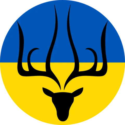The Ukrainian Society logo at University of Southampton. Features the Ukrainian blue and yellow flag colours in the background with a black stag illustration in the middle. 