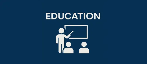 Text 'Education', a graphic with a man and students