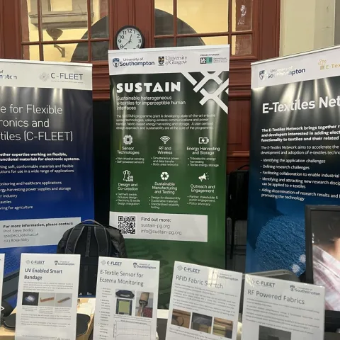 Posters and roller banners banners displayed next to a glass door