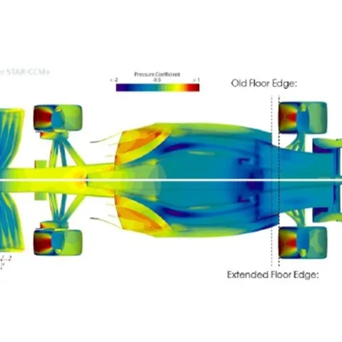 Top view of a racing car model with colour gradients representing pressure coefficients.