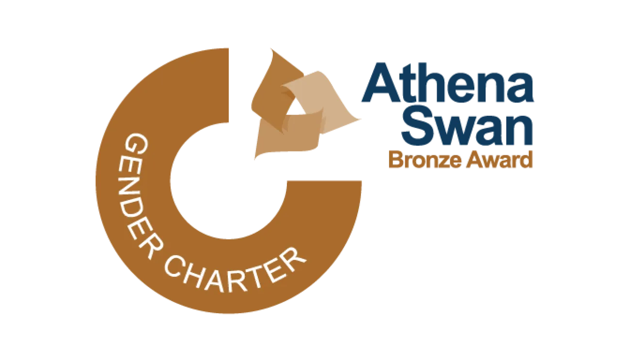 A bronze part-circle with the words "gender charter" around the edge. To the top right are the words "Athena Swan Bronze Award"
