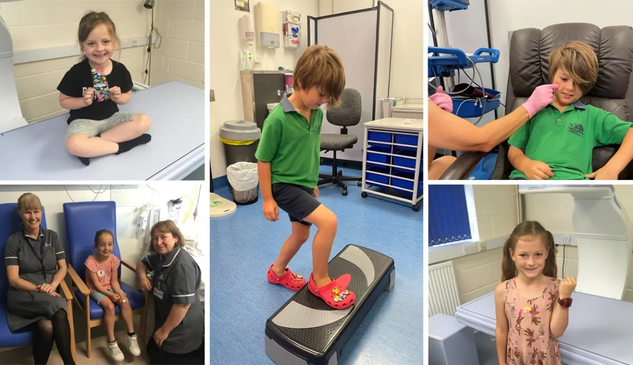 Collage of young children in a hospital setting interacting with a nurse.