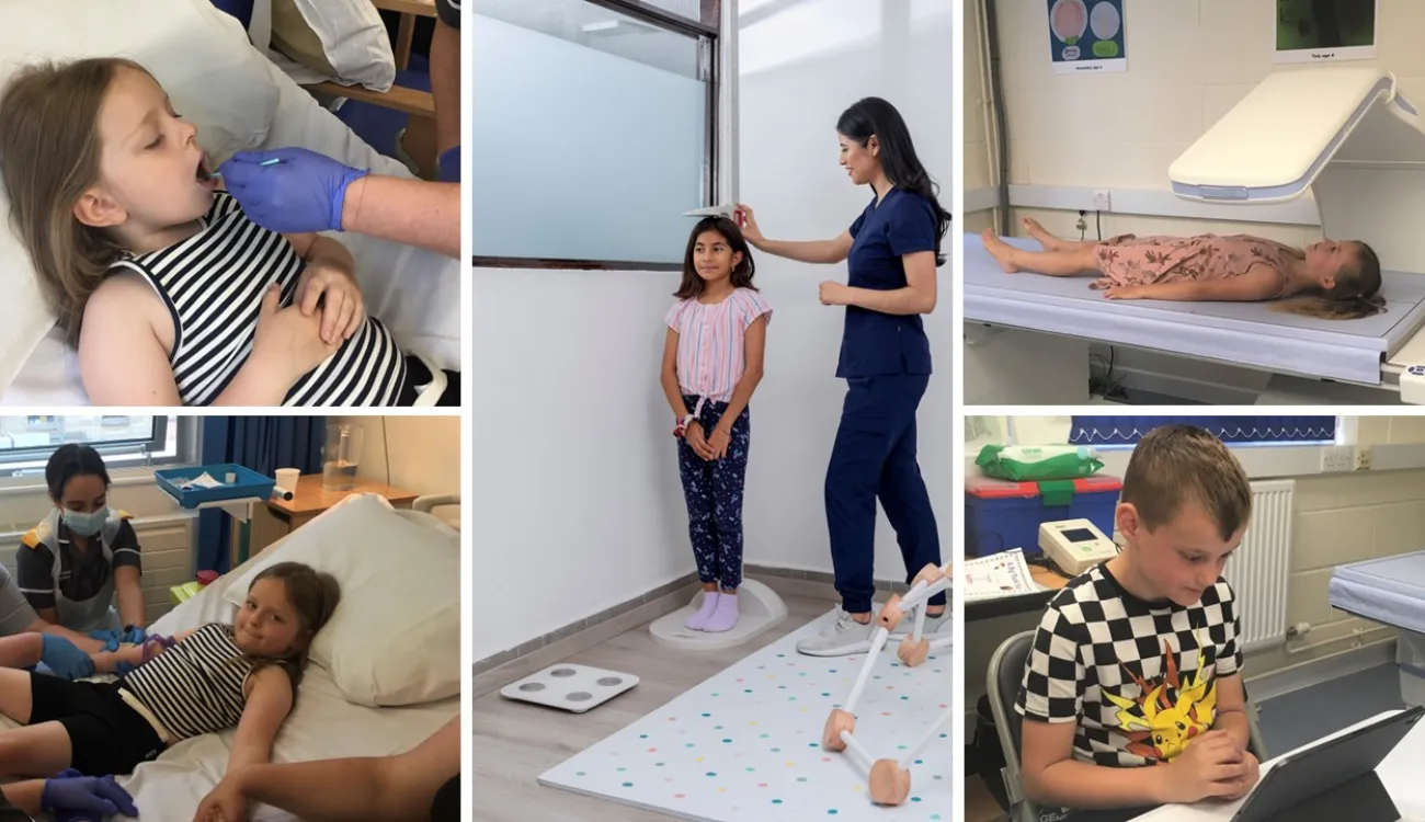 A collage of clinic scenes with children being attended to by medical staff.