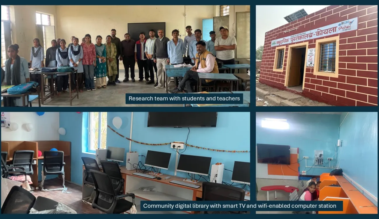 Collaged images of research team with students and teachers, community digital library with smart TV and wifi-enabled computer station